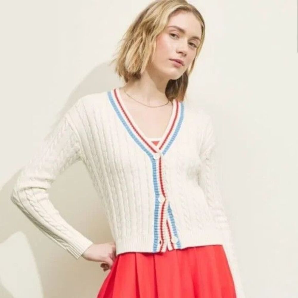 Prince Pickleball Cable Knit Cropped Cardigan in Ivory with stripes size XL
